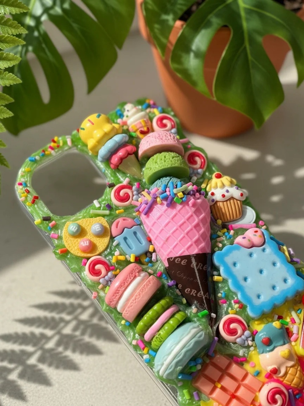 Handmade Playful Green Dessert-Themed Phone Case with Colorful 3D Sweets charms